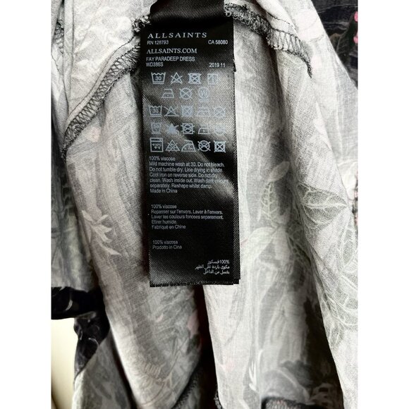 Allsaints Fay Paradeep Bird  Foliage Print Tie Back V Neck XS Mini Dress Button - Picture 12 of 13